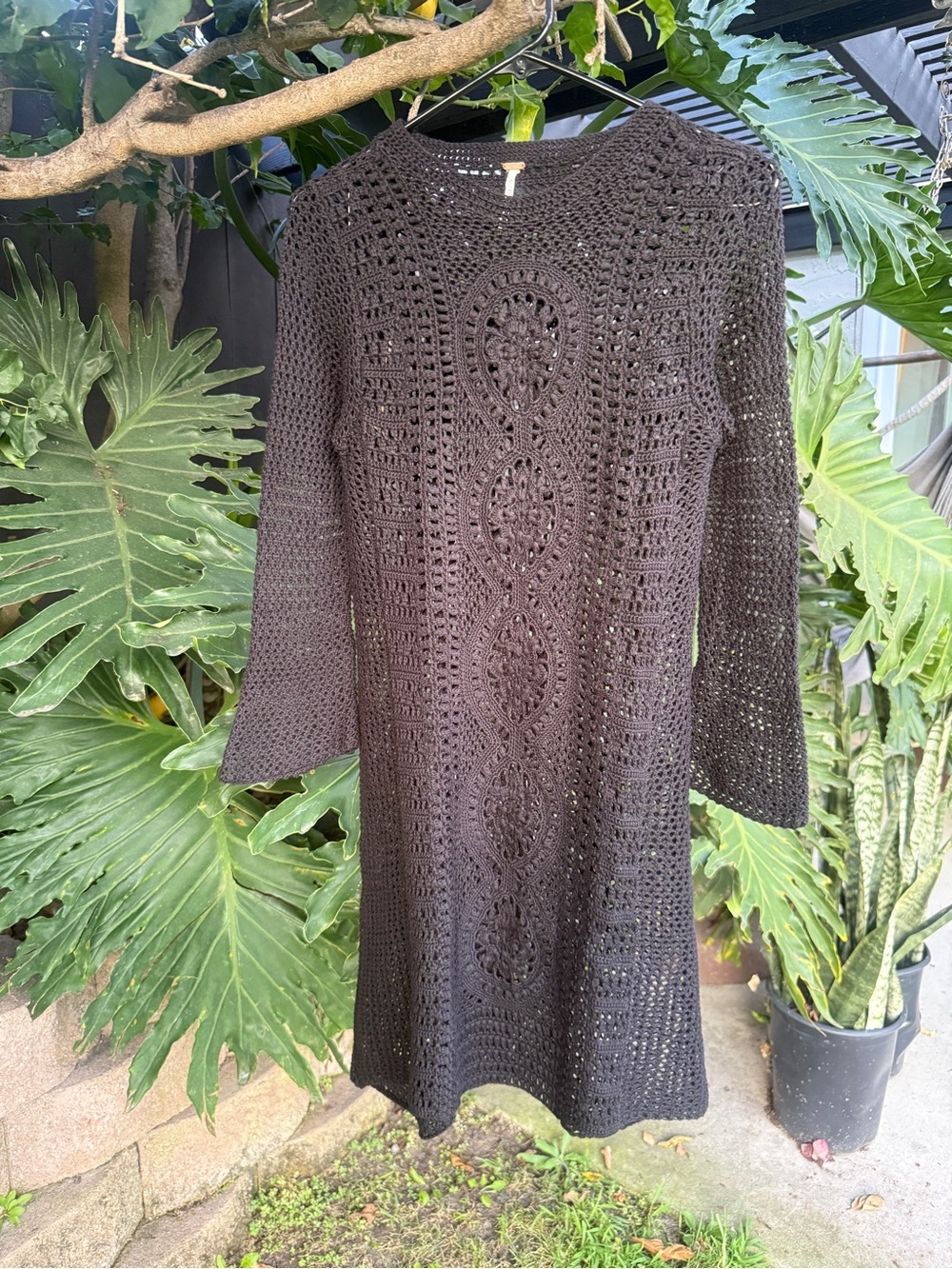Free People Black Crochet Knit Long Sleeve Dress